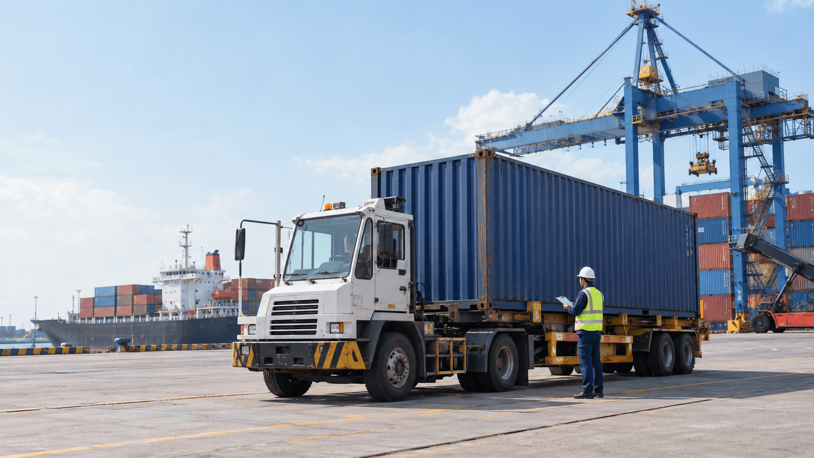 Xe Container Và Nhân Viên Logistics Kiểm Tra Vận Chuyển Container Qua Cảng Chùa Vẽ Hải Phòng - HNT Logistics