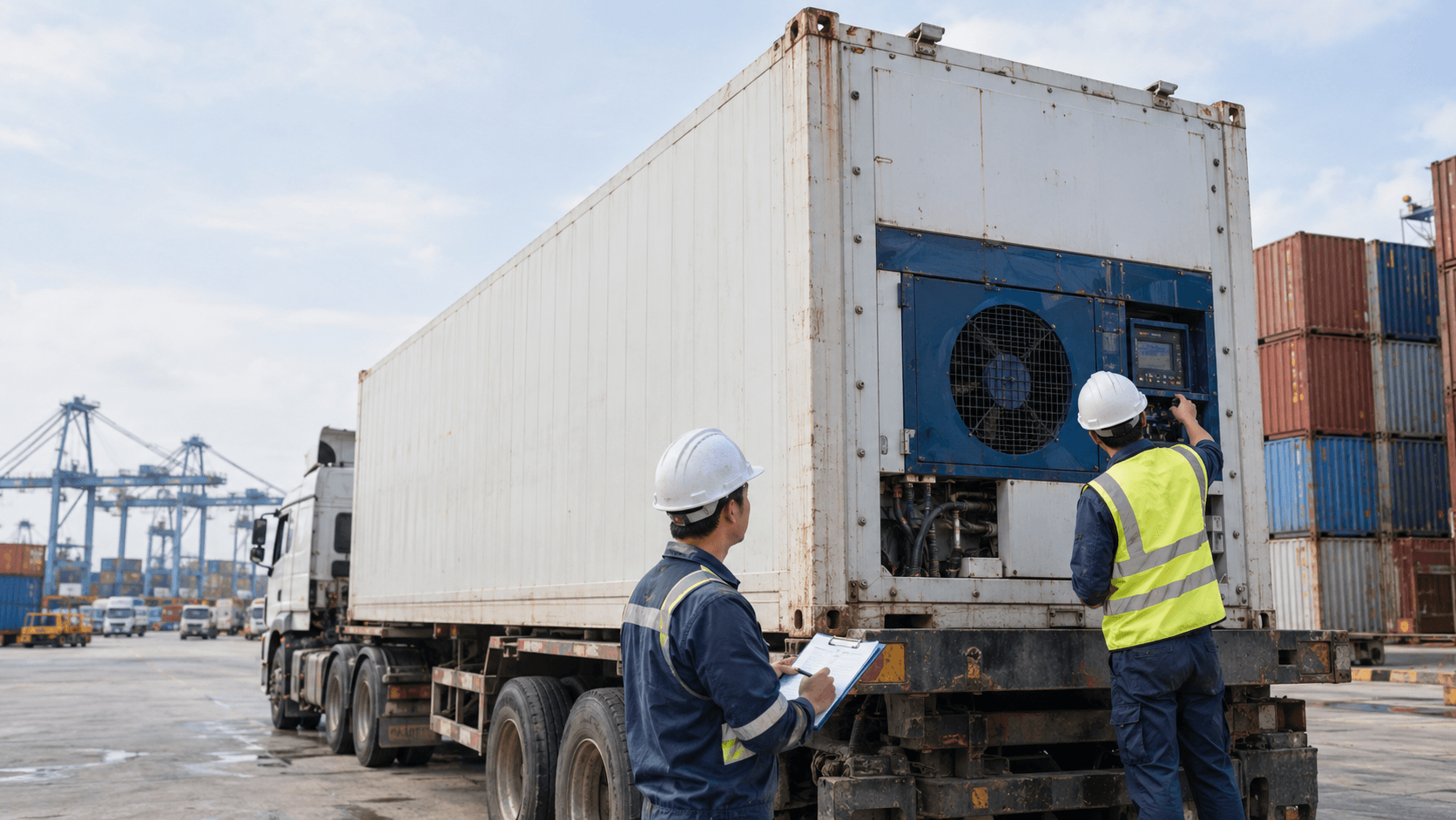 Xe Container Lạnh Và Nhân Viên Kiểm Tra Thông Số Khai Thác Reefer Phục Vụ Báo Giá Vận Chuyển Sầu Riêng Đông Lạnh Đi Nansha. - HNT Logistics