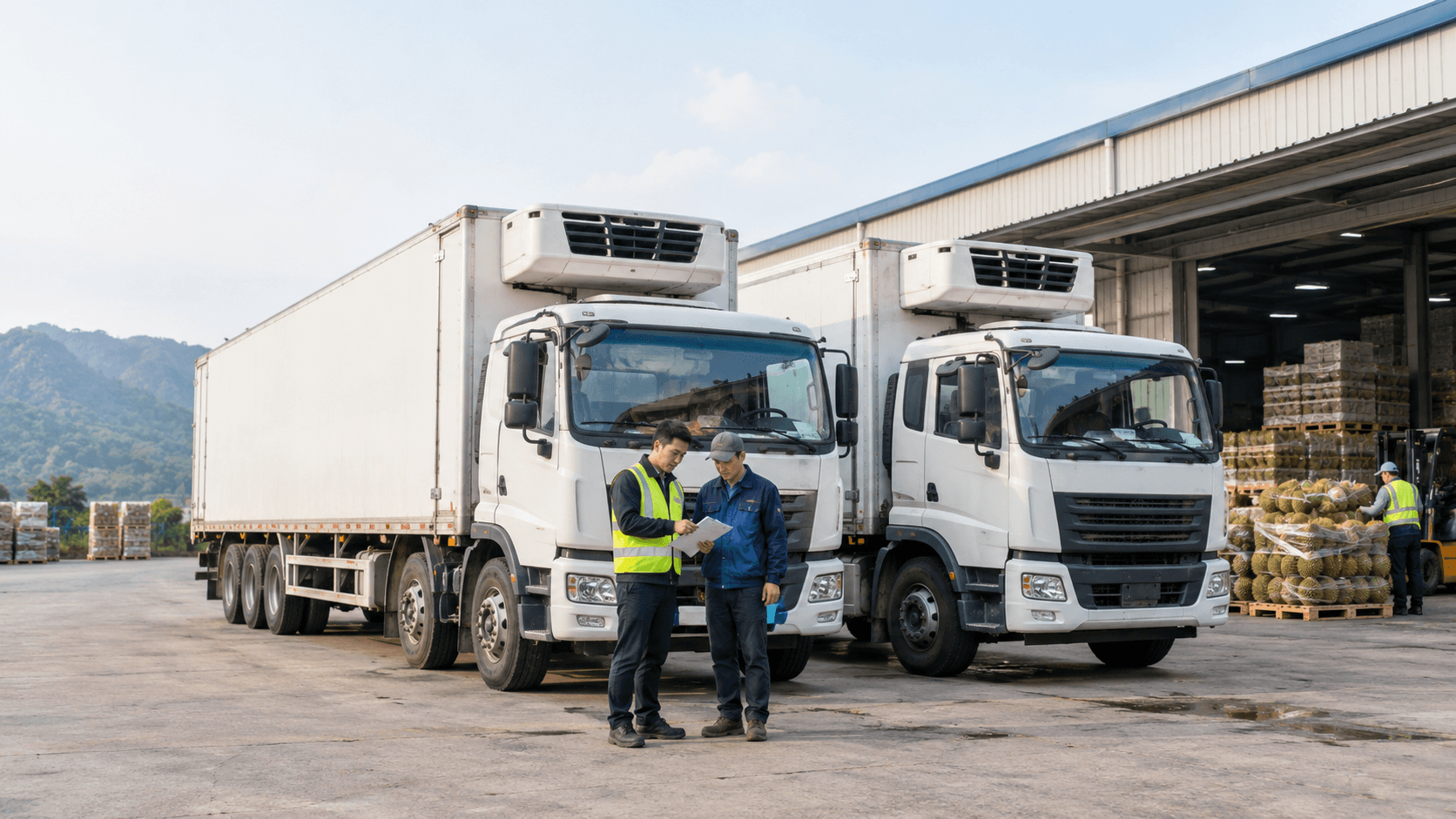 Hai Xe Lạnh Chở Sầu Riêng Được Bố Trí Tại Bãi Logistics Để So Sánh Phương Án Vận Chuyển Sầu Riêng Đi Lào Cai Và Hà Giang. - HNT Logistics