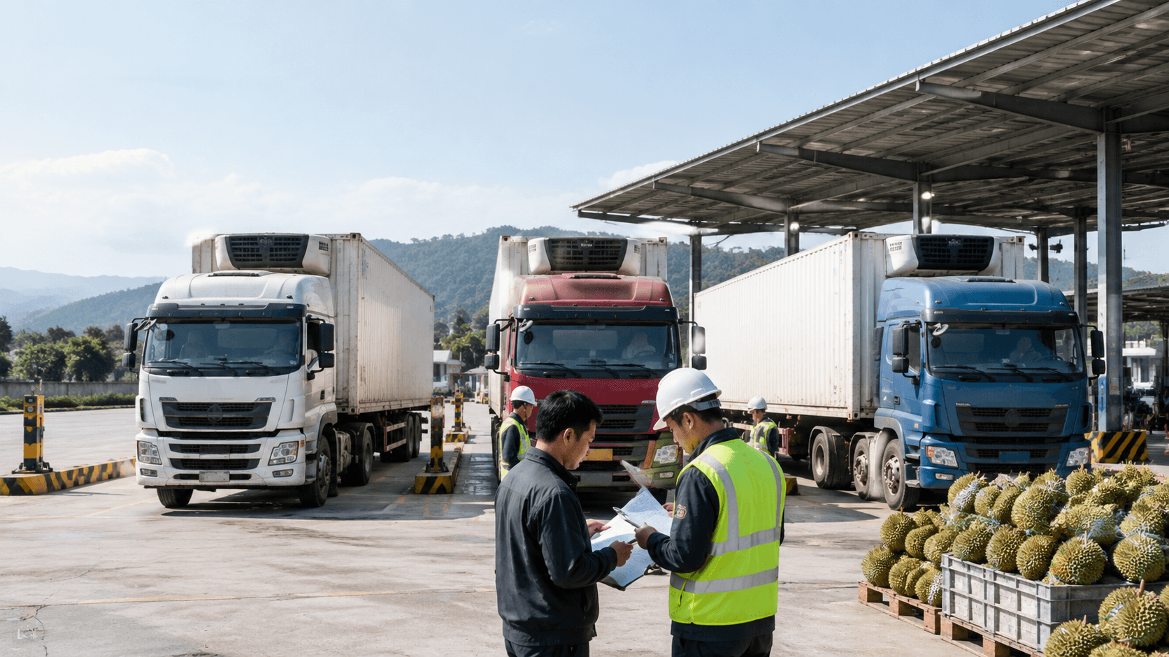 Các Xe Container Lạnh Chở Sầu Riêng Xếp Tại Bãi Logistics Để Đối Chiếu Phương Án Vận Chuyển, Cước Phí Và Hiệu Suất Khai Thác Khi Xuất Khẩu Sầu Riêng Đường Bộ Qua Móng Cái, Lạng Sơn Và Chi Ma. - HNT Logistics