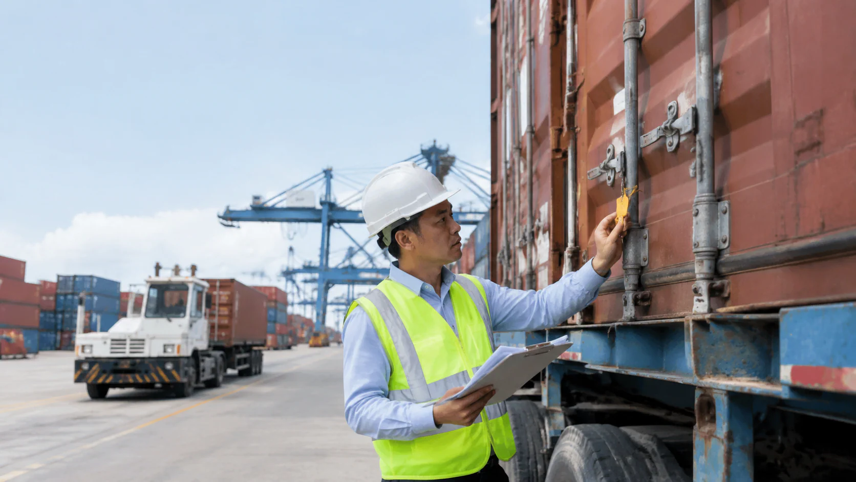 Nhân Viên Logistics Kiểm Tra Seal Container Và Chứng Từ Để Đáp Ứng Thời Hạn Cut-Off Khi Booking Tàu Xuất Khẩu. - HNT Logistics