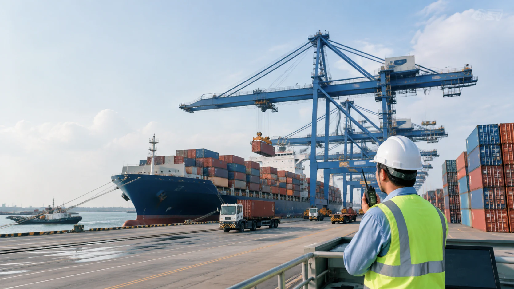Nhân Viên Cảng Quan Sát Hoạt Động Xếp Dỡ Container Để Đánh Giá Lịch Trình Và Khả Năng Kết Nối Khi Booking Tàu Xuất Khẩu. - HNT Logistics