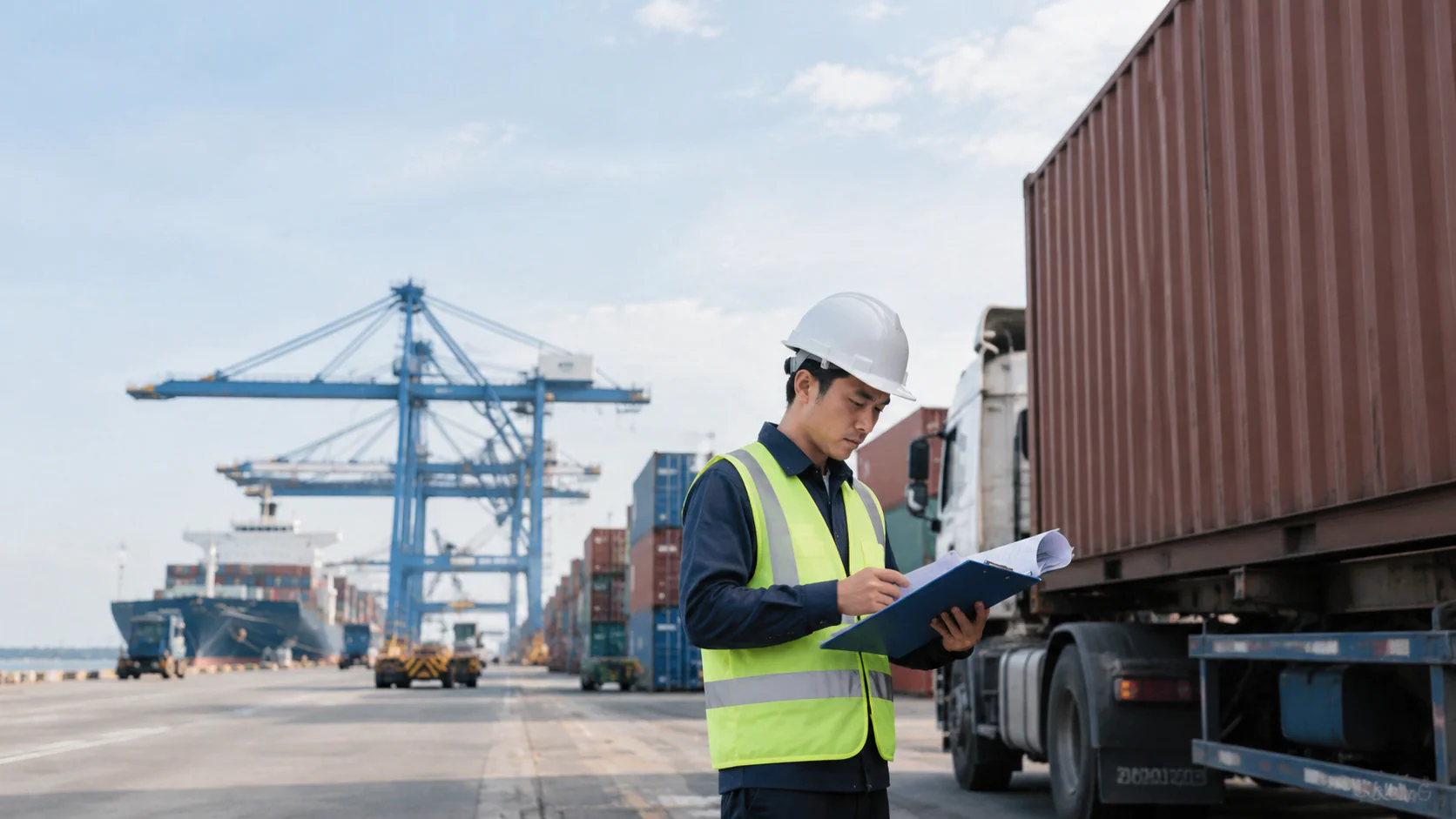 Nhân Viên Logistics Kiểm Tra Thông Tin Lô Hàng Tại Cảng Cát Lái Để Lựa Chọn Phương Án Booking Tàu Xuất Khẩu Phù Hợp. - HNT Logistics