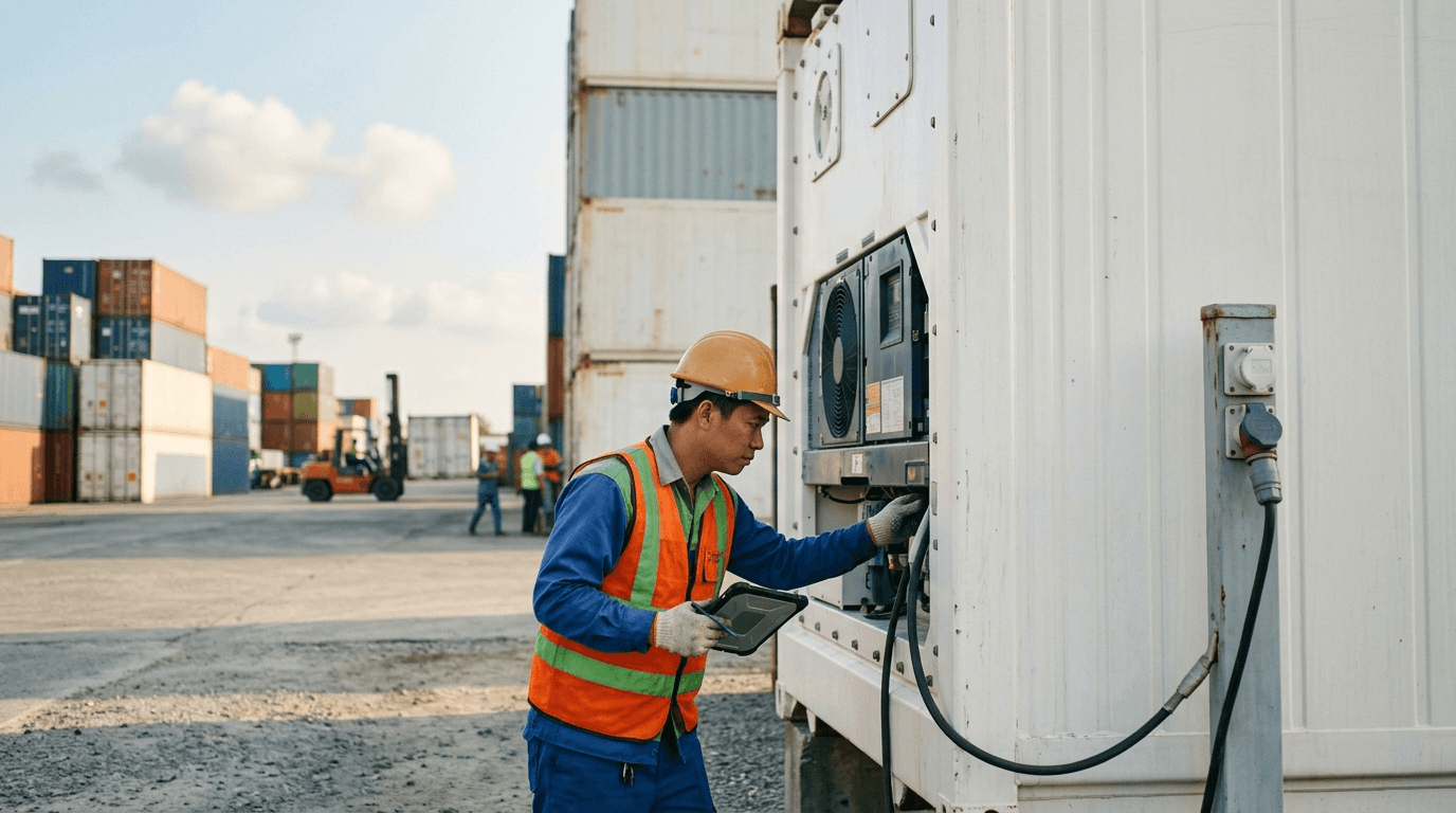 Nhân Viên Kỹ Thuật Kiểm Tra Hệ Thống Làm Lạnh Container Reefer, Minh Họa Các Thông Số Khai Thác Và Cước Vận Chuyển Sầu Riêng Đông Lạnh Đi Tianjin. - HNT Logistics