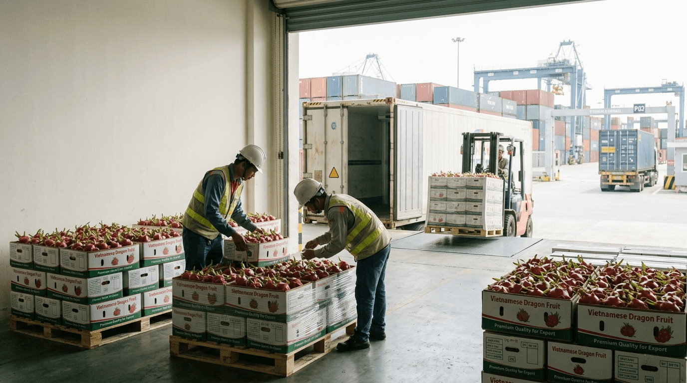 Dịch Vụ Vận Chuyển Thanh Long Đi Xiamen Trọn Gói Của HNT Logistics Với Quy Trình Đóng Pallet, Kiểm Tra Hàng Và Xếp Container Lạnh Tại Kho Xuất Khẩu Ở TP.HCM.