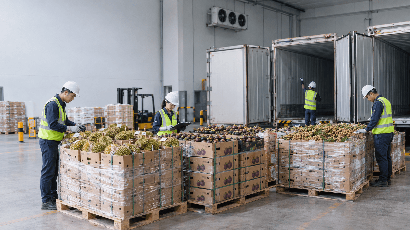 Cold Storage Warehouse Staff Inspecting Durian, Mangosteen, and Longan as Part of the Safety Assurance Process During the Transit of Thai Fruit to China. - HNT Logistics