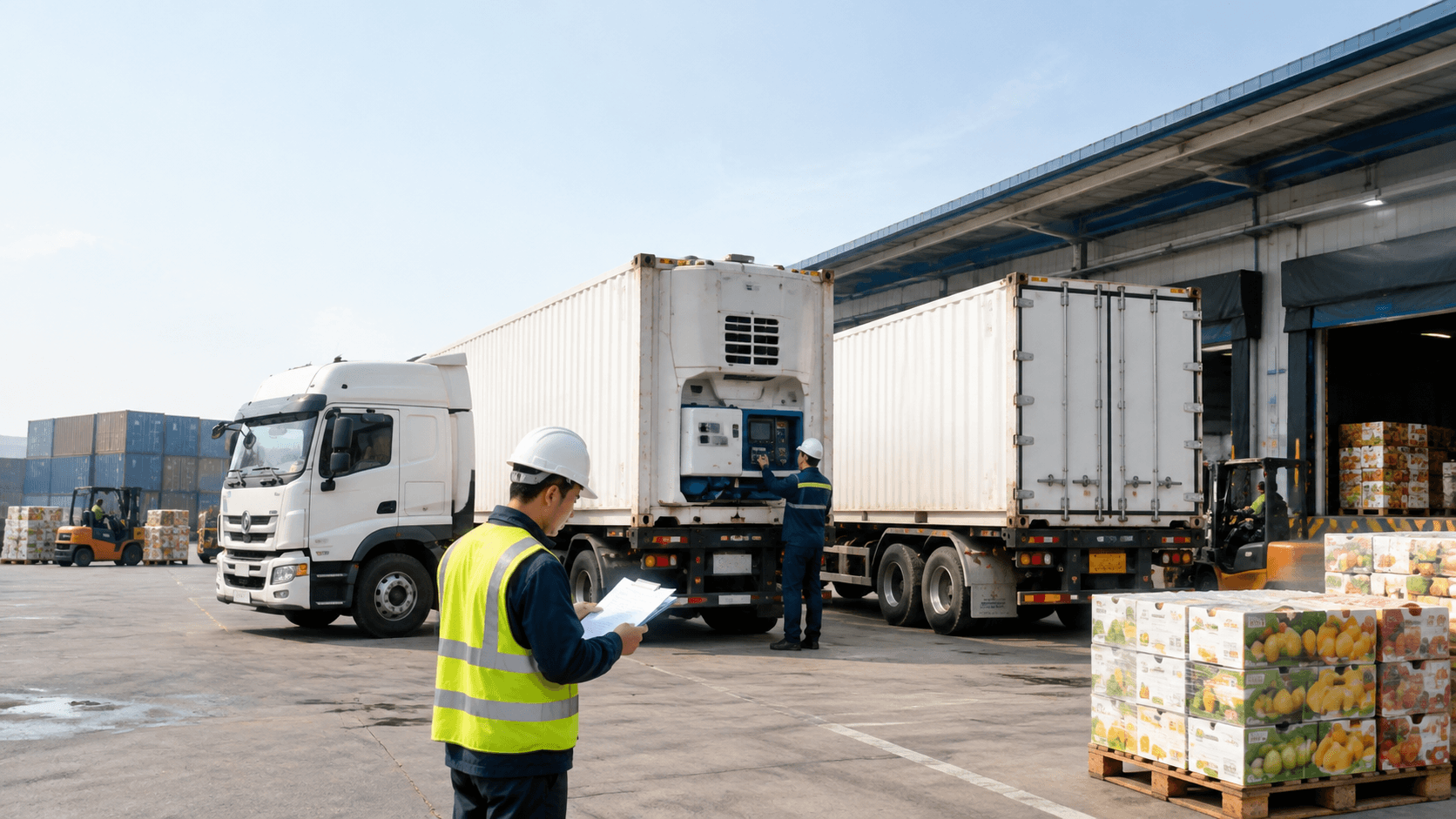Xe Container Lạnh, Kho Bảo Quản Và Nhân Viên Điều Phối Phương Án Vận Chuyển Trong Dịch Vụ Quá Cảnh Trái Cây Đi Trung Quốc. - HNT Logistics