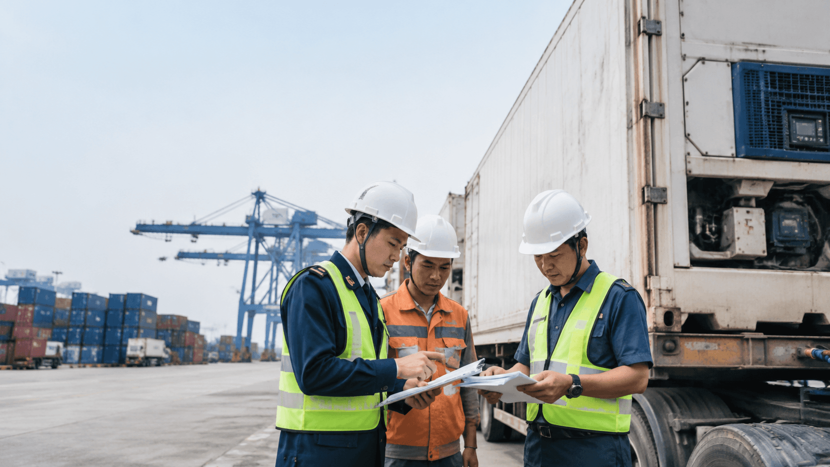 Logistics Staff Cross-Checking Documents and Container Seals at the Port to Control Acceptance Conditions During the Transit of Thai Fruit to China. - HNT Logistics