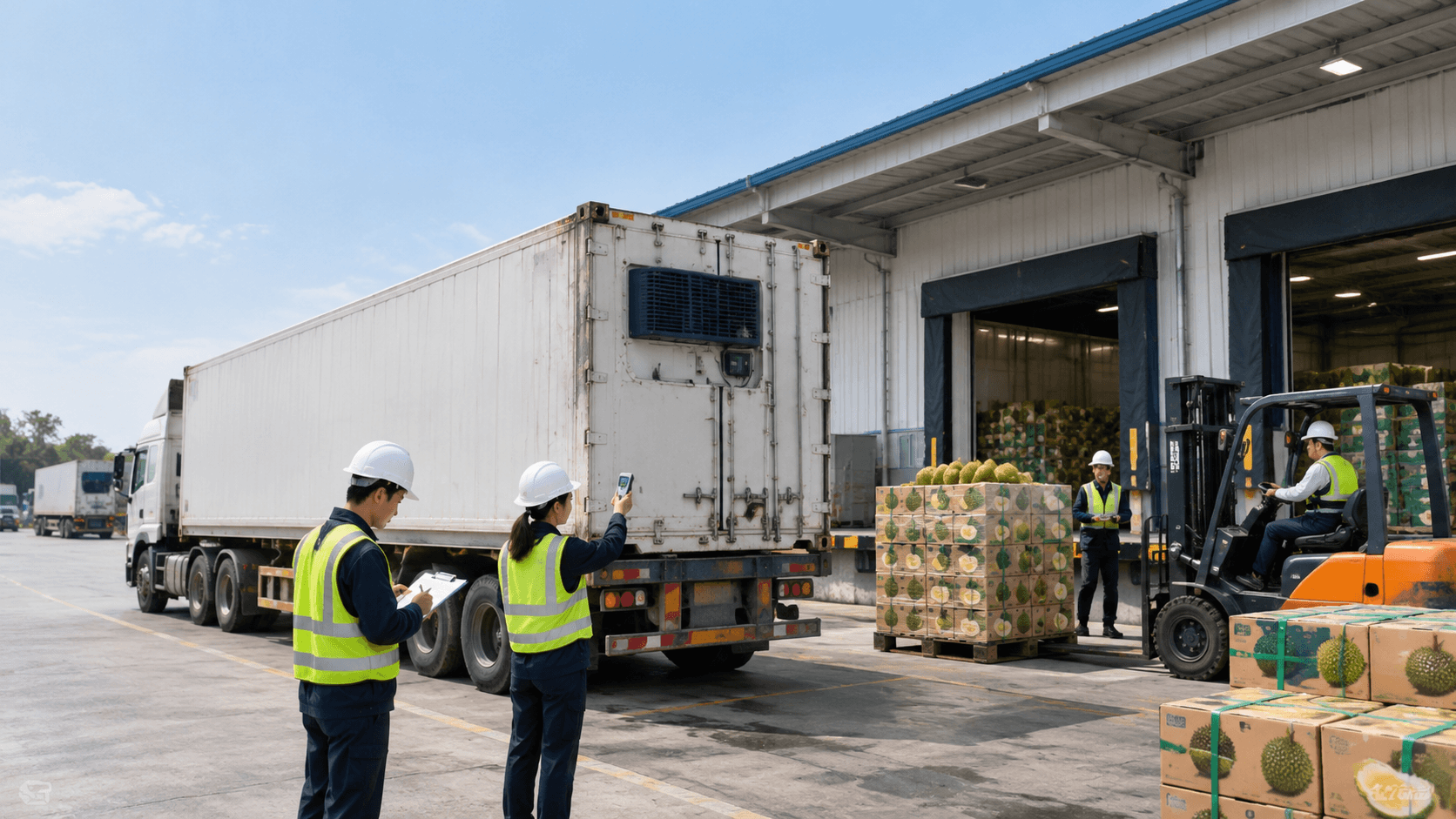 Nhân Viên Logistics Kiểm Tra Seal Chì Và Nhiệt Độ Container Lạnh Khi Bàn Giao Hàng, Minh Họa Quy Trình Điều Phối Xuất Khẩu Sầu Riêng Đường Bộ Xuyên Biên Giới. - HNT Logistics