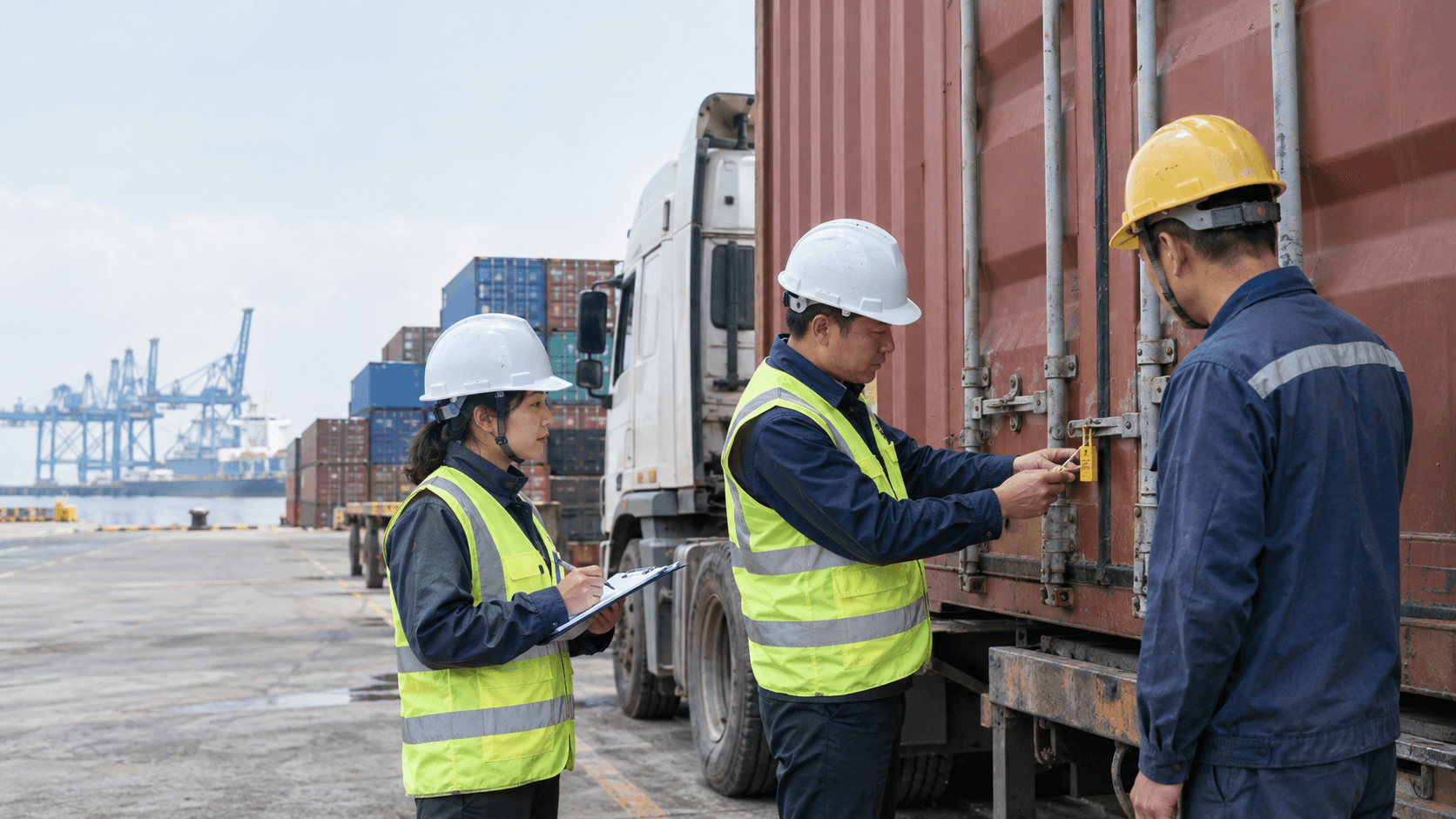 On-Site Staff Inspect Container Seals and Ensure Safe Container Handover During the Combined Sea-and-Road Transportation Process. - HNT Logistics