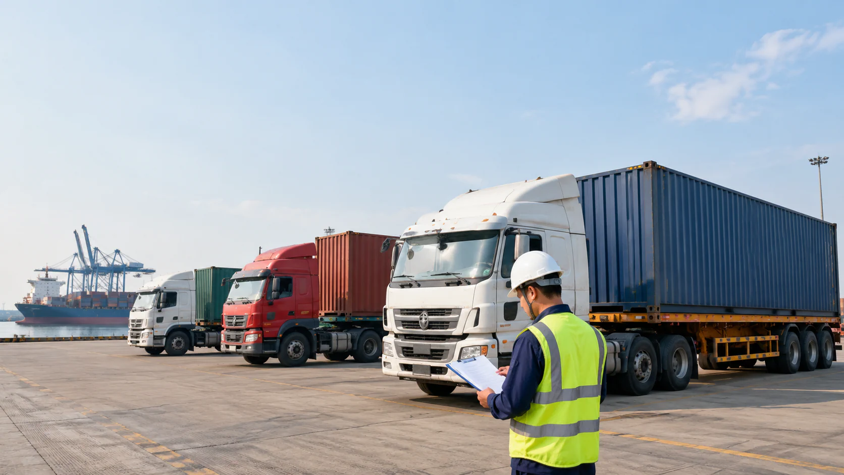 Các Phương Án Đầu Kéo Container Và Nhân Viên Đối Chiếu Chứng Từ Minh Họa Việc So Sánh Giao Hàng, Loại Container Và Chi Phí Vận Chuyển Hàng Khô TPHCM. - HNT Logistics
