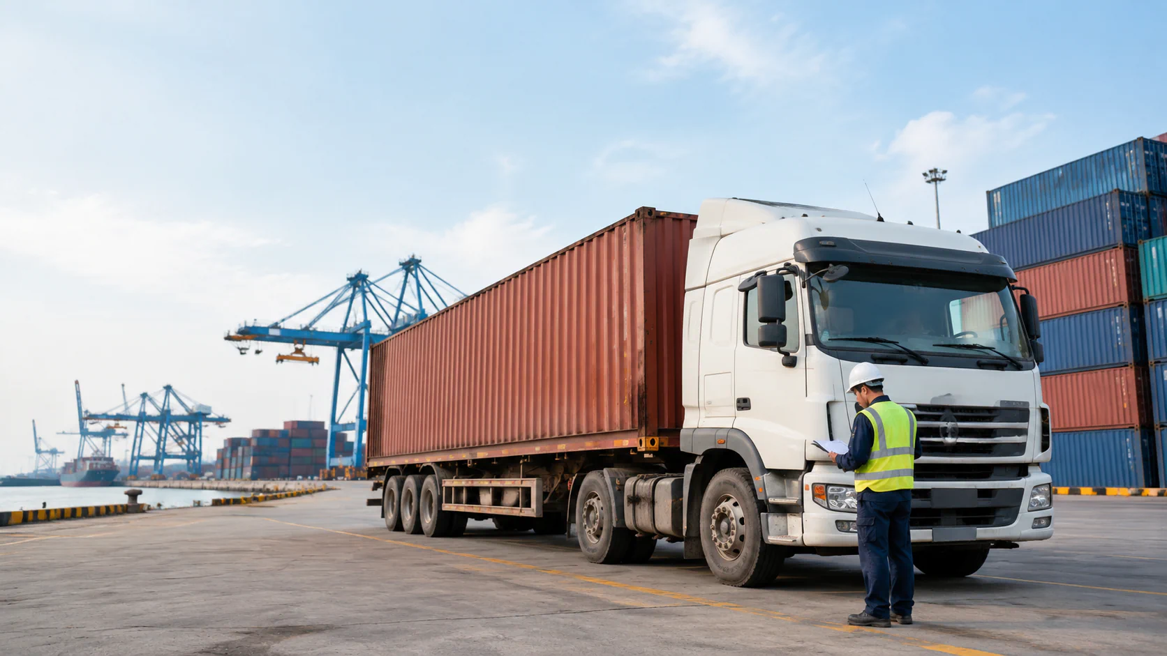 Đầu Kéo Container Tại Cảng Cát Lái Được Kiểm Tra Phương Án Giao Hàng Đến Kho Trong Quy Trình Vận Chuyển Hàng Khô TPHCM. - HNT Logistics