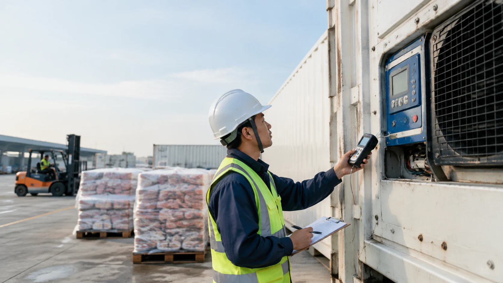 Nhân Viên Đo Và Ghi Nhận Nhiệt Độ Container Lạnh Trong Quy Trình Vận Chuyển Hàng Lạnh TPHCM. - HNT Logistics