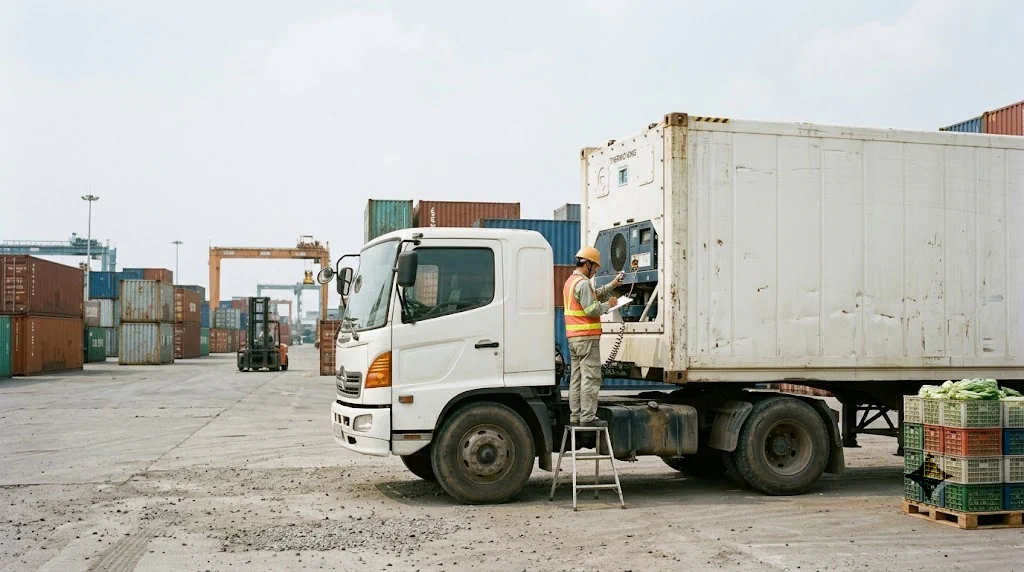 Nhân Viên Kiểm Tra Xe Tải Lạnh Tại Bãi Logistics Phục Vụ Vận Chuyển Hàng Lạnh TPHCM Theo Đặc Tính Hàng Hóa. - HNT Logistics