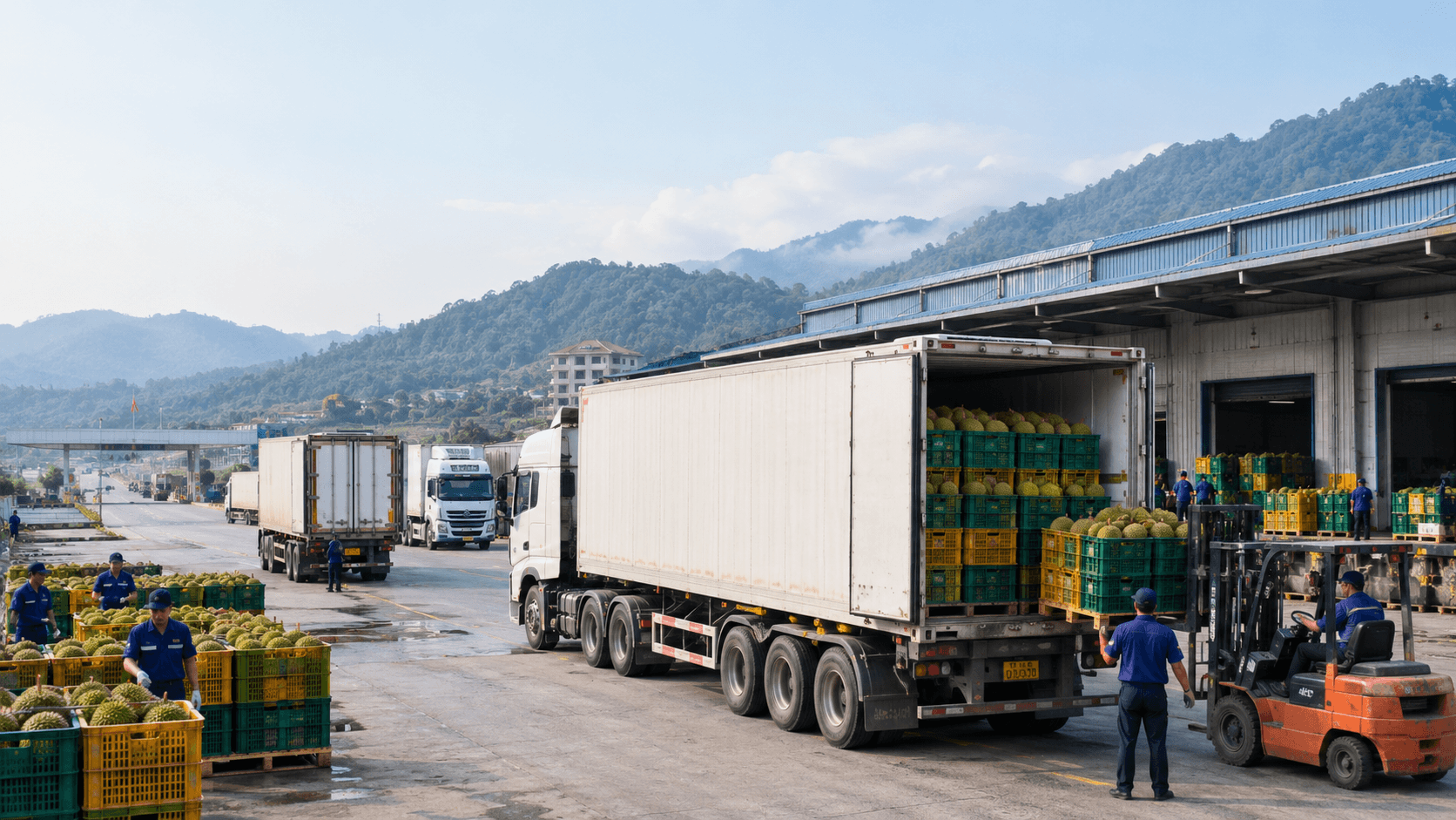 Xe Lạnh Tập Kết Sầu Riêng Tại Bãi Logistics Trên Tuyến Vận Chuyển Sầu Riêng Đi Lào Cai Để Xuất Hàng Sang Trung Quốc. - HNT Logistics
