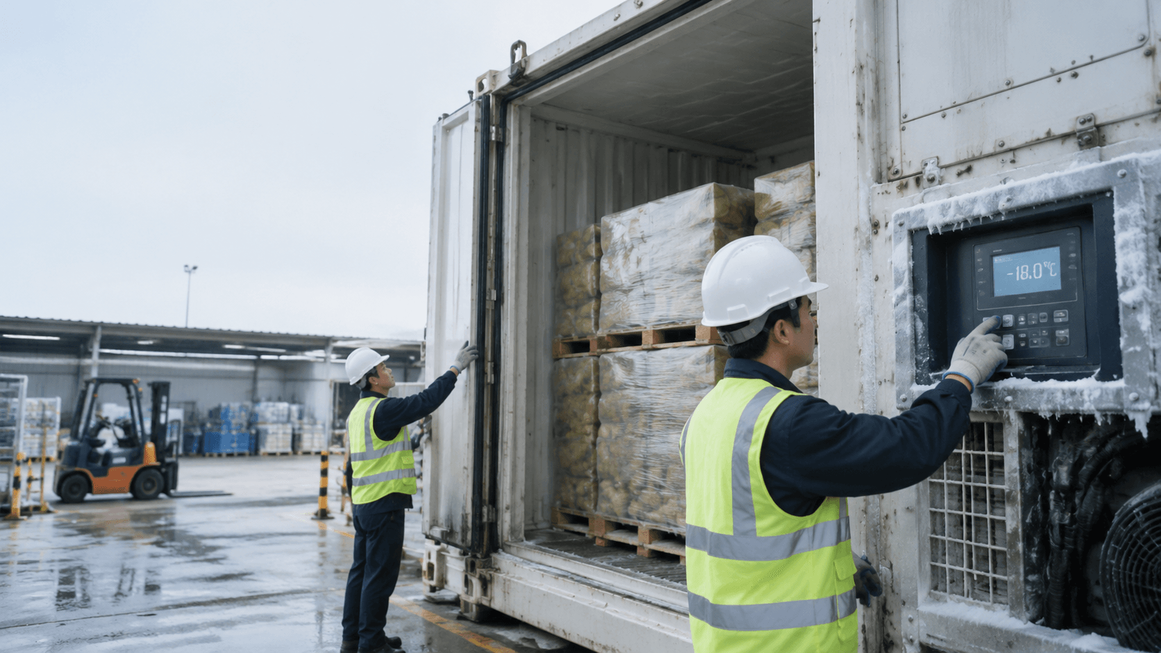Nhân Viên Kiểm Tra Nhiệt Độ Container Lạnh Và Niêm Phong Hàng Sầu Riêng Trong Quy Trình Vận Chuyển Sầu Riêng Đông Lạnh Đi Nansha. - HNT Logistics