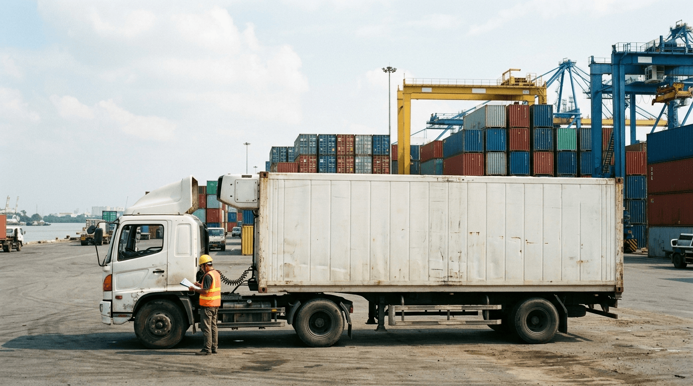 Xe Container Lạnh Tại Cảng Cát Lái Cùng Nhân Viên Kiểm Tra Chứng Từ Giao Nhận, Minh Họa Vận Chuyển Sầu Riêng Đông Lạnh Đi Tianjin. - HNT Logistics