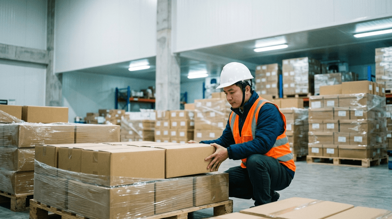 Nhân Viên Kho Lạnh Kiểm Tra Nhiệt Độ Và Kiện Hàng Cấp Đông Nhằm Bảo Toàn Chất Lượng Khi Vận Chuyển Sầu Riêng Đông Lạnh Đi Tianjin. - HNT Logistics