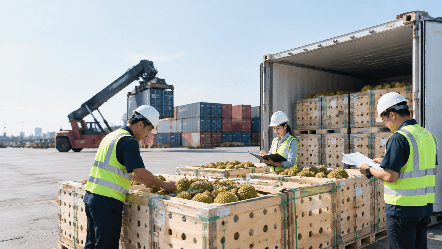 Nhân Viên Logistics Kiểm Tra Lô Sầu Riêng Tại Cảng Cát Lái Trước Khi Quyết Định Phương Án Vận Chuyển Sầu Riêng Tươi Đi Đài Loan. - HNT Logistics