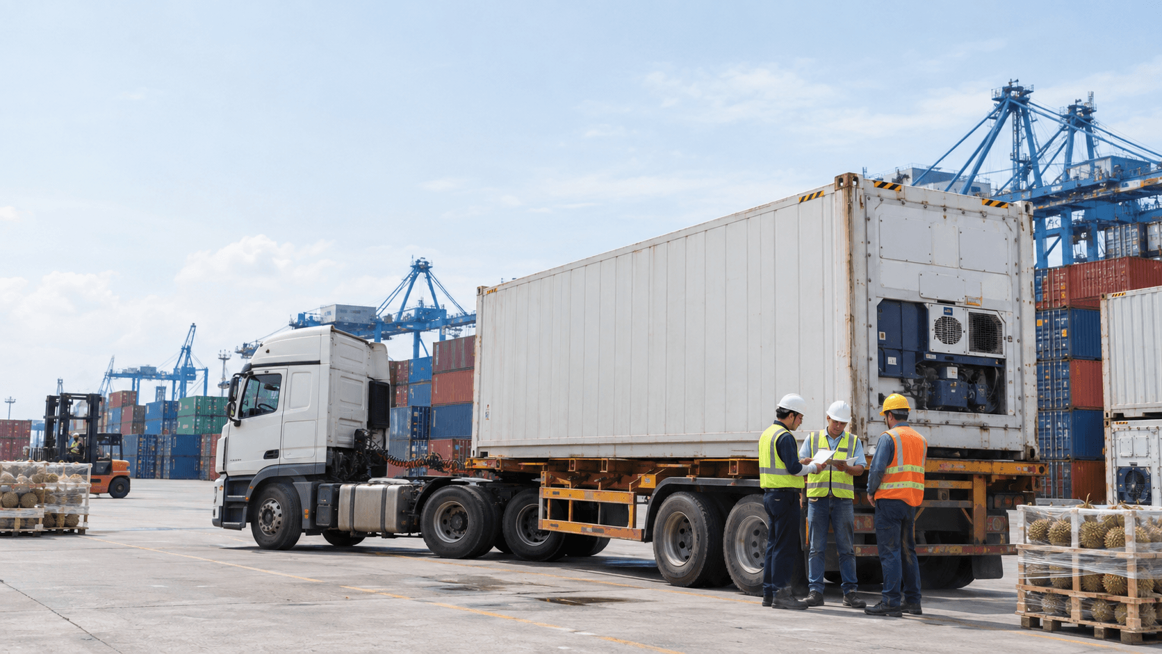 Xe Đầu Kéo Và Container Lạnh Tại Bãi Logistics Minh Họa Các Phương Án Vận Chuyển Sầu Riêng Tươi Đi Hong Kong. - HNT Logistics