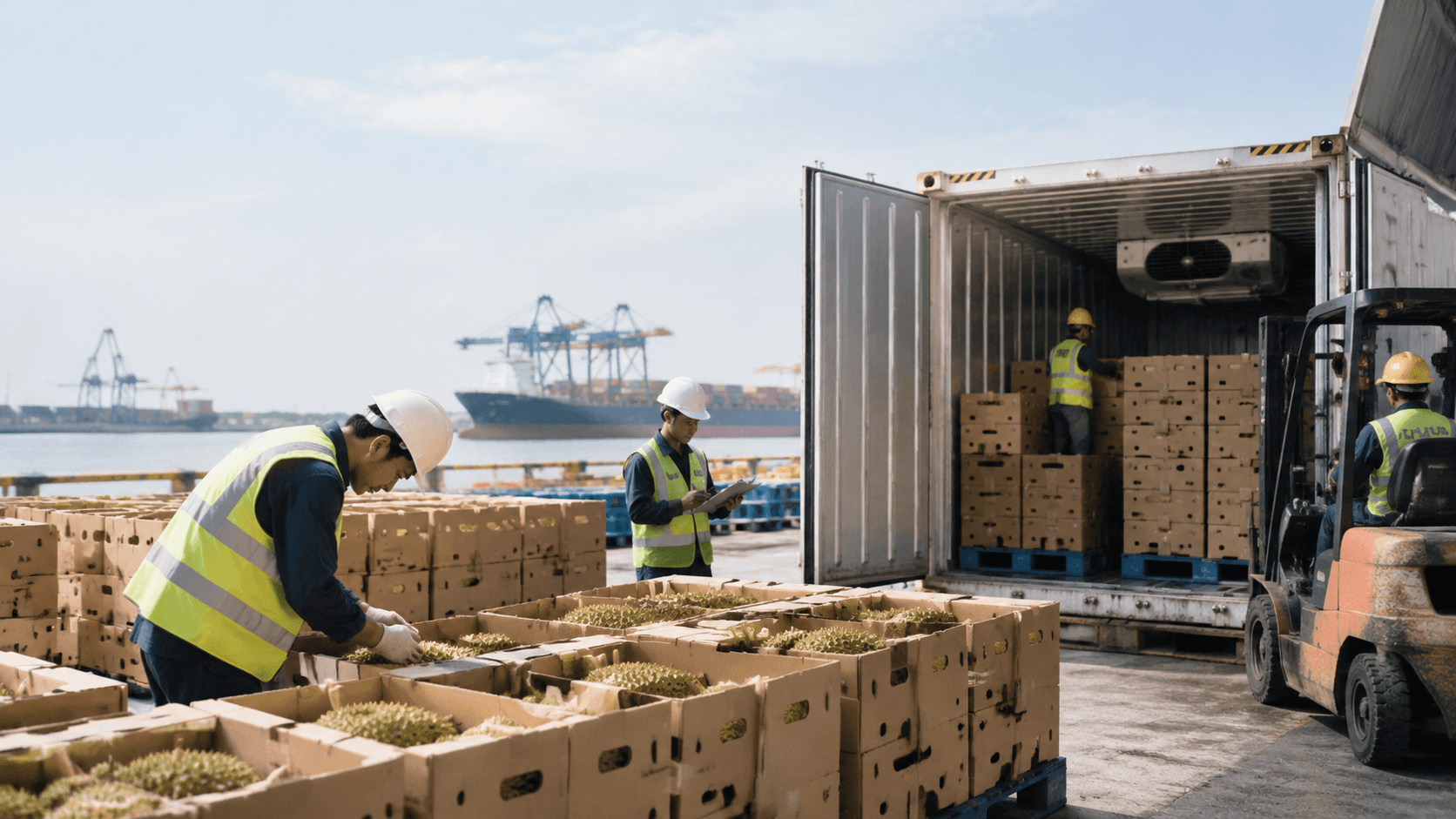 Nhân Viên Kiểm Tra Nhiệt Độ Và Sắp Xếp Sầu Riêng Trong Kho Lạnh Phục Vụ Vận Chuyển Sầu Riêng Tươi Đi Hong Kong. - HNT Logistics