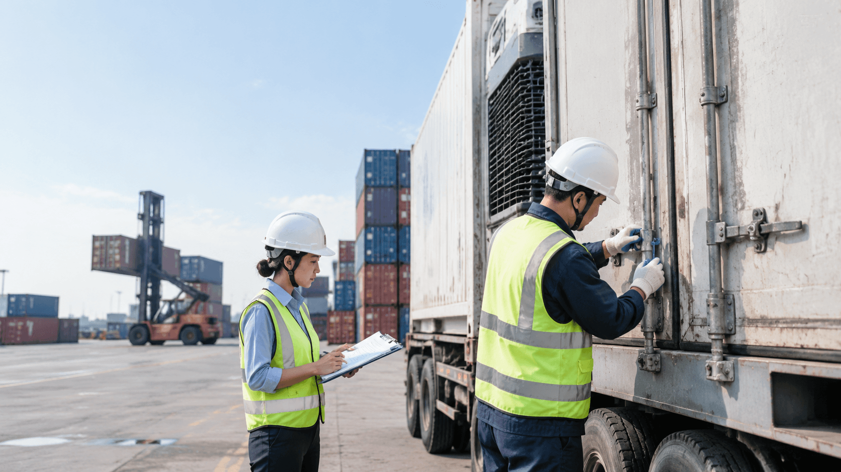 Nhân Viên Logistics Kiểm Tra Hồ Sơ Xuất Khẩu Và Seal Container Trong Quy Trình Vận Chuyển Sầu Riêng Đông Lạnh Đi Nansha. - HNT Logistics