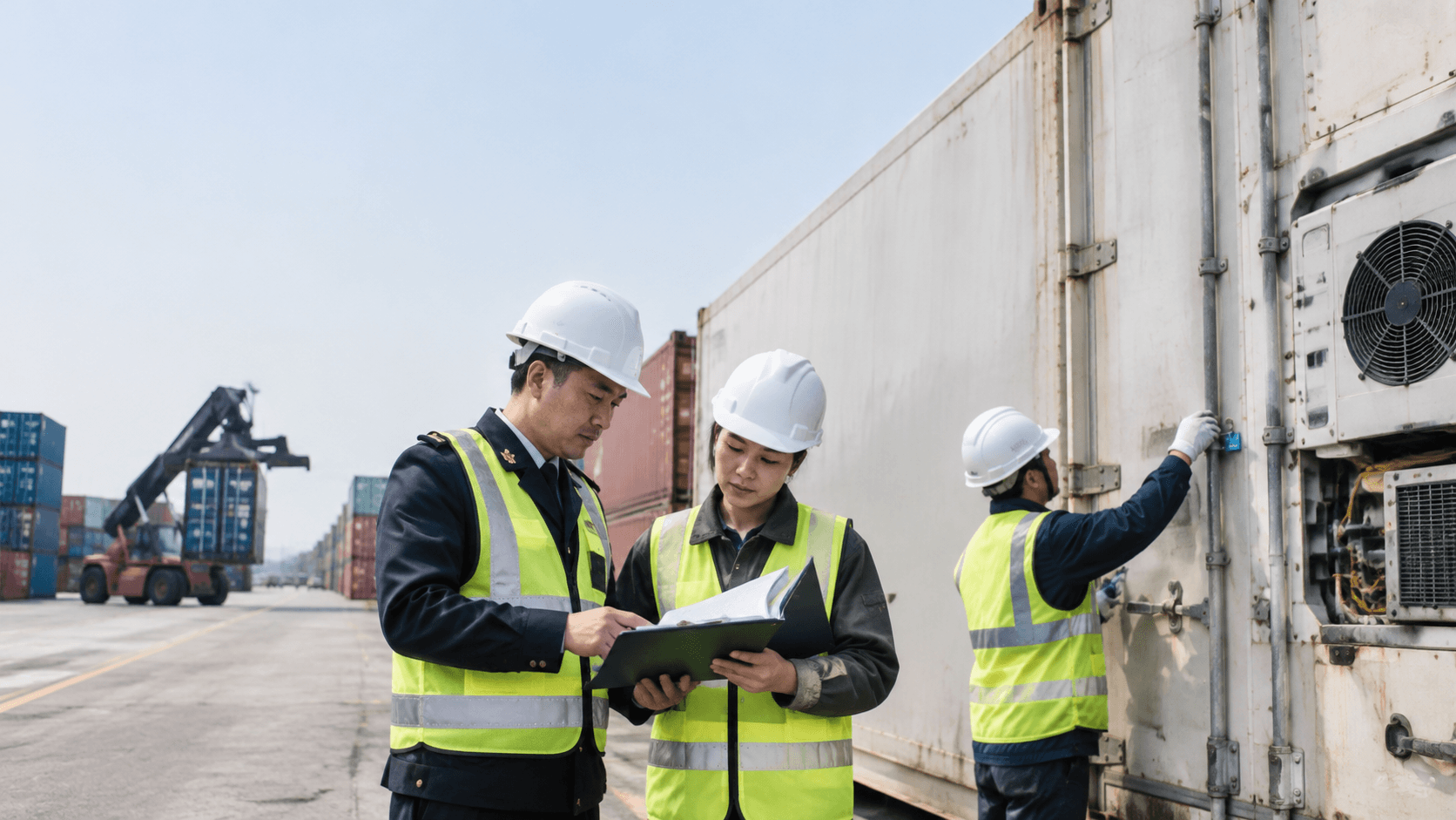 Nhân Viên Logistics Kiểm Tra Seal Container Lạnh Và Hồ Sơ Xuất Khẩu, Hỗ Trợ Vận Chuyển Sầu Riêng Đông Lạnh Đi Tianjin Đúng Quy Định. - HNT Logistics