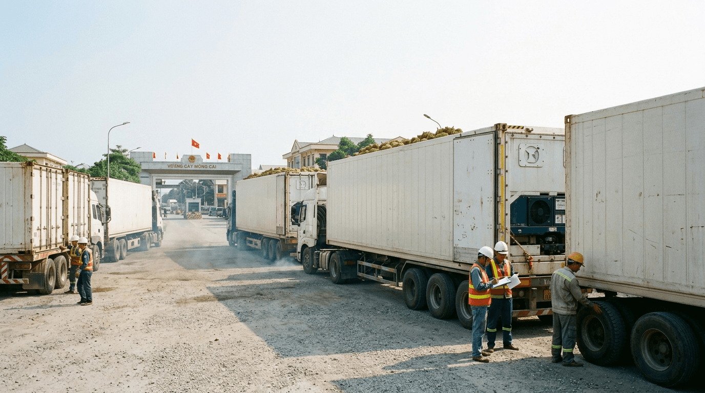 Xe Container Lạnh Chở Sầu Riêng Tại Bãi Logistics Gần Cửa Khẩu Phía Bắc, Minh Họa Lựa Chọn Tuyến Xuất Khẩu Sầu Riêng Đường Bộ Qua Móng Cái, Lạng Sơn Và Chi Ma. - HNT Logistics