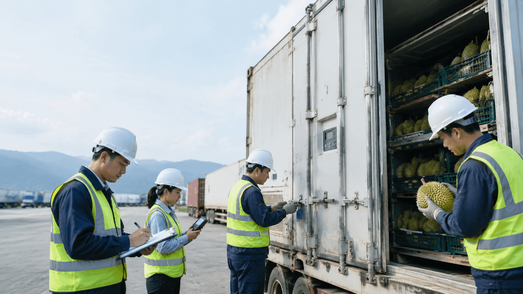 Nhân Viên Kiểm Tra Seal, Nhiệt Độ Và Chất Lượng Lô Hàng Khi Vận Chuyển Sầu Riêng Đi Lào Cai Để Xuất Khẩu. - HNT Logistics
