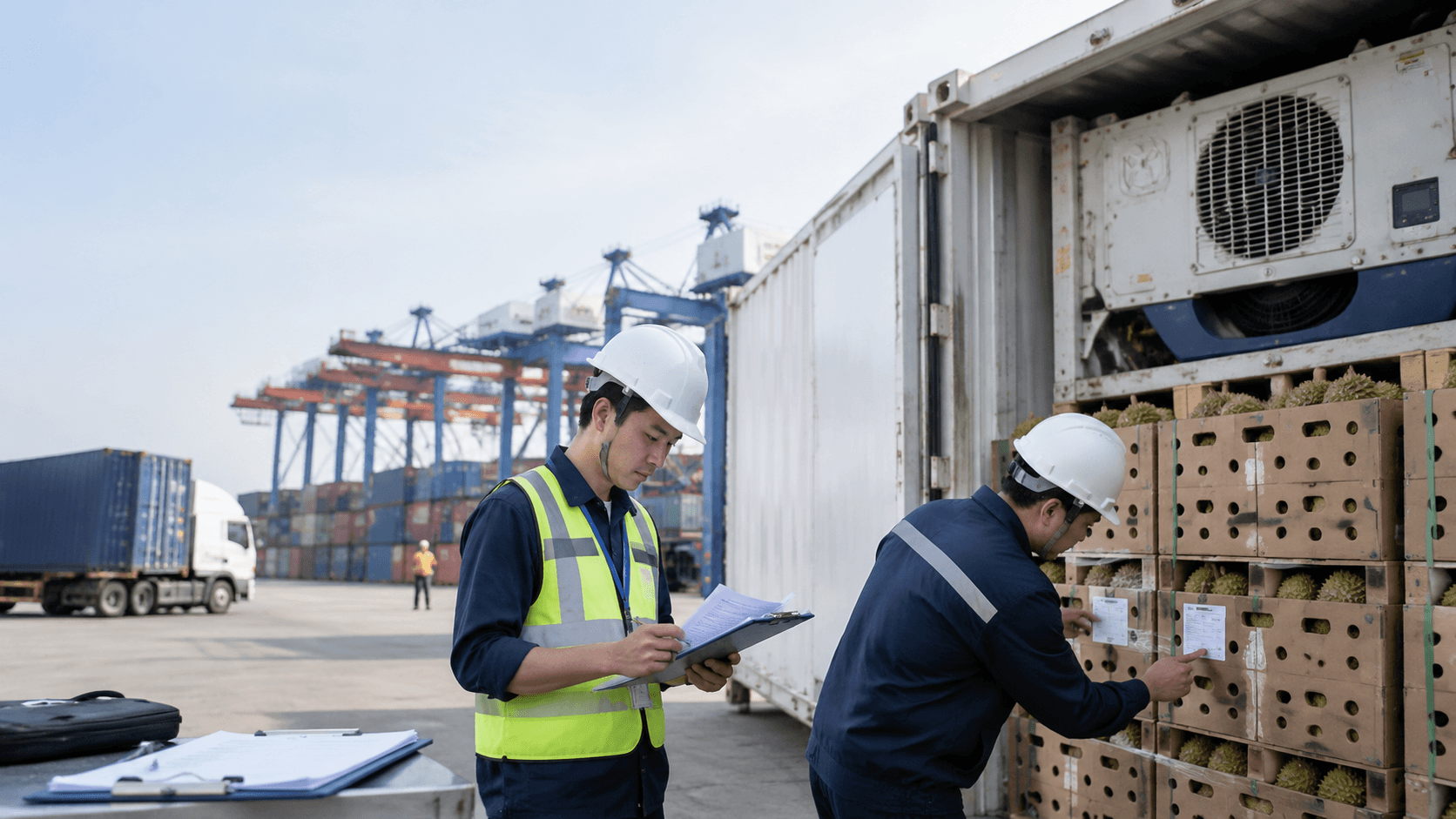 Nhân Viên Kiểm Hóa Đối Chiếu Chứng Từ Và Tình Trạng Sầu Riêng Nhằm Hạn Chế Rủi Ro Khi Vận Chuyển Sầu Riêng Tươi Đi Đài Loan. - HNT Logistics