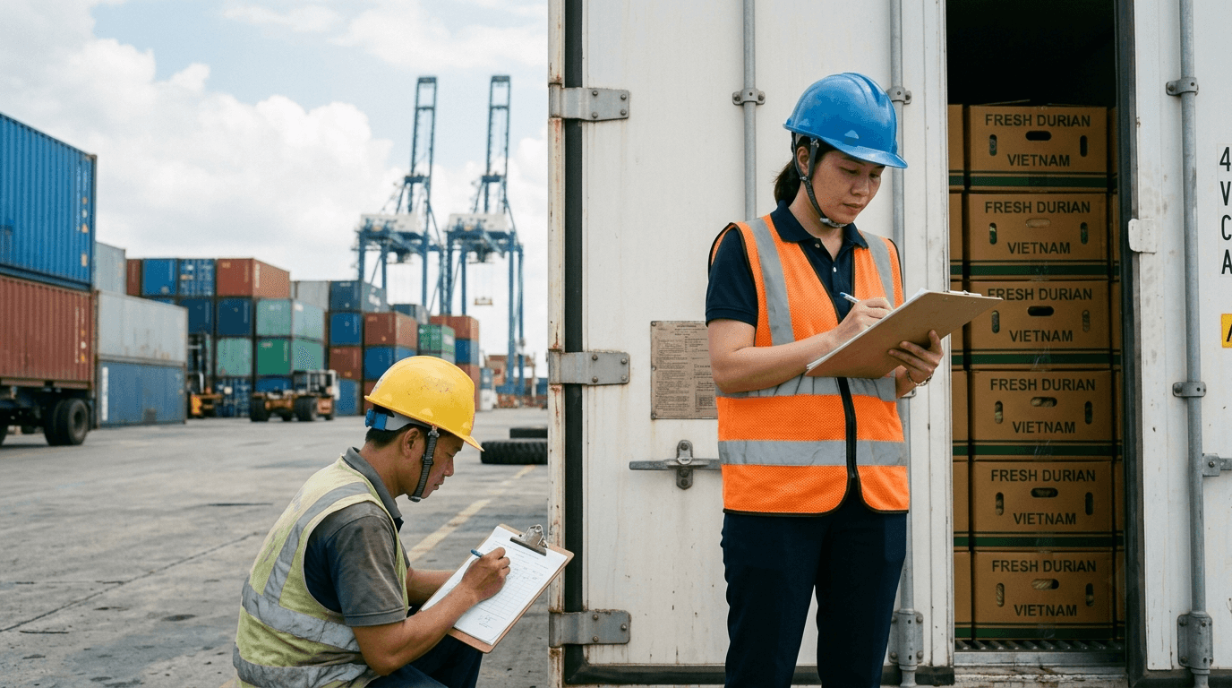 Nhân Viên Kiểm Tra Hồ Sơ Xuất Khẩu Và Seal Container Lạnh Khi Vận Chuyển Sầu Riêng Tươi Đi Hong Kong. - HNT Logistics